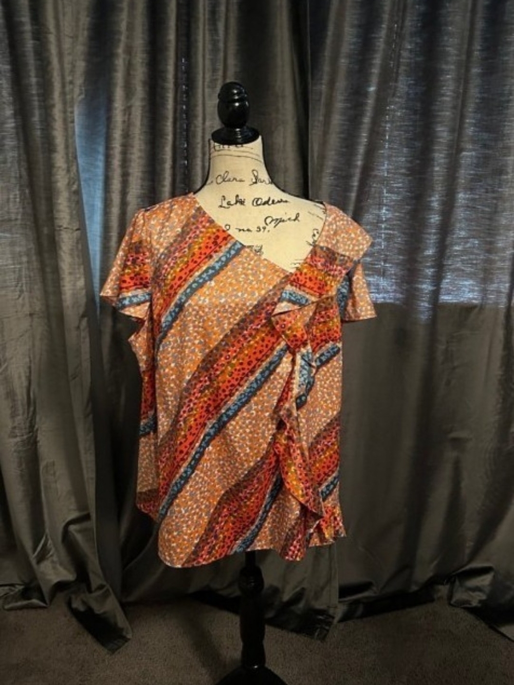 Lane Bryant Orange Multi-Stripe Ruffle Front Blouse